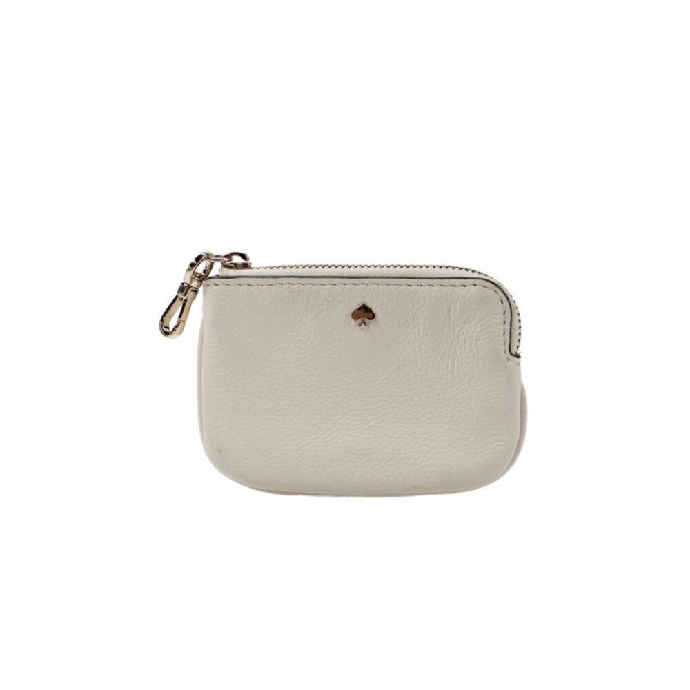 Kate Spade New York Womens Zip Top Grained Leather Logo Coin Pouch White